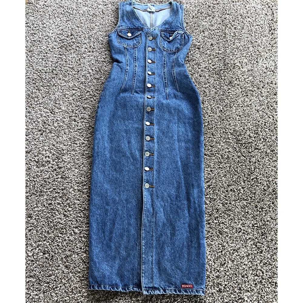 Vintage 90s Bongo Denim Dress Size 1 Maxi Midi Button Up Cowgirl Grunge V-Neck